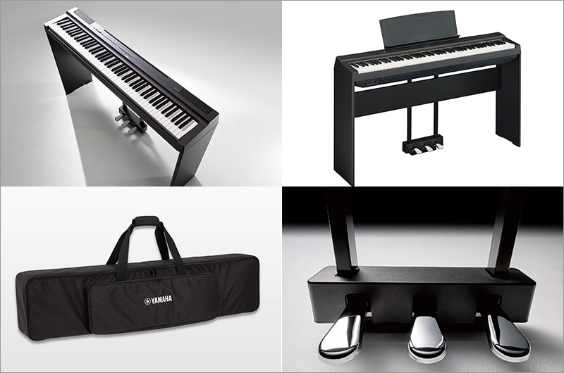 A collage of photos, including overhead and front-left views of the P-125a in combination with the optional stand and pedal unit, and photos of the optional keyboard bag and the optional metal three-pedal pedal unit
