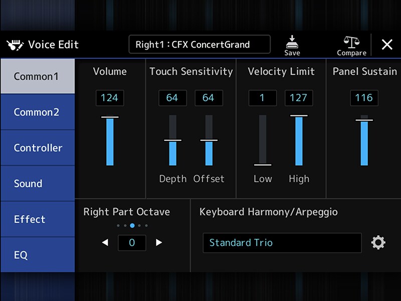 Yamaha Arranger Workstation PSR-SX920/720+ Voice Edit screen