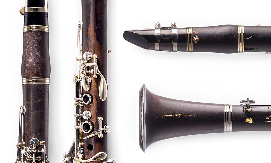 "Designed by Nature Clarinets" From left "FUMOKU," "SHIRATA," upper right "IRIKAWA," lower right "KINTSUGI"