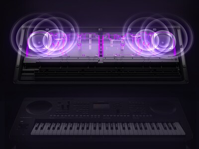 Transparent view of a speaker box illustrating vibration and powerful sound output.