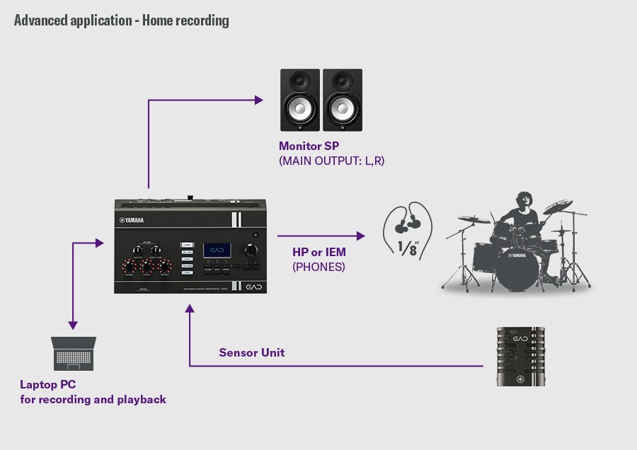 Diagram showing EAD20 connected to a DAW-based recording system for home studio production.