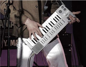 photo:The CS01 featured pitch bend and modulation wheels at the corner of the instrument body for ease of use when standing while playing.