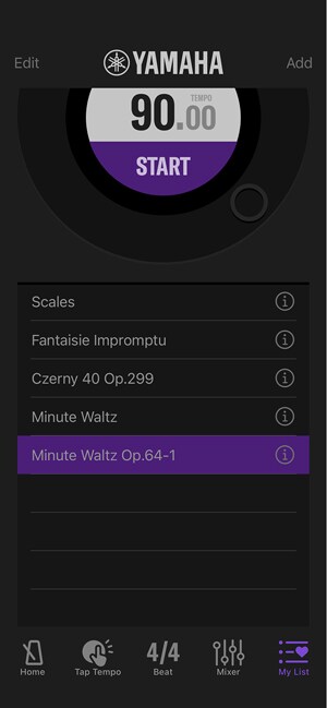 List of saved METRONOME settings