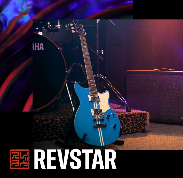 Electric guitar Revstar Professional “RSP20 SWB” placed in front of a Yamaha drum set