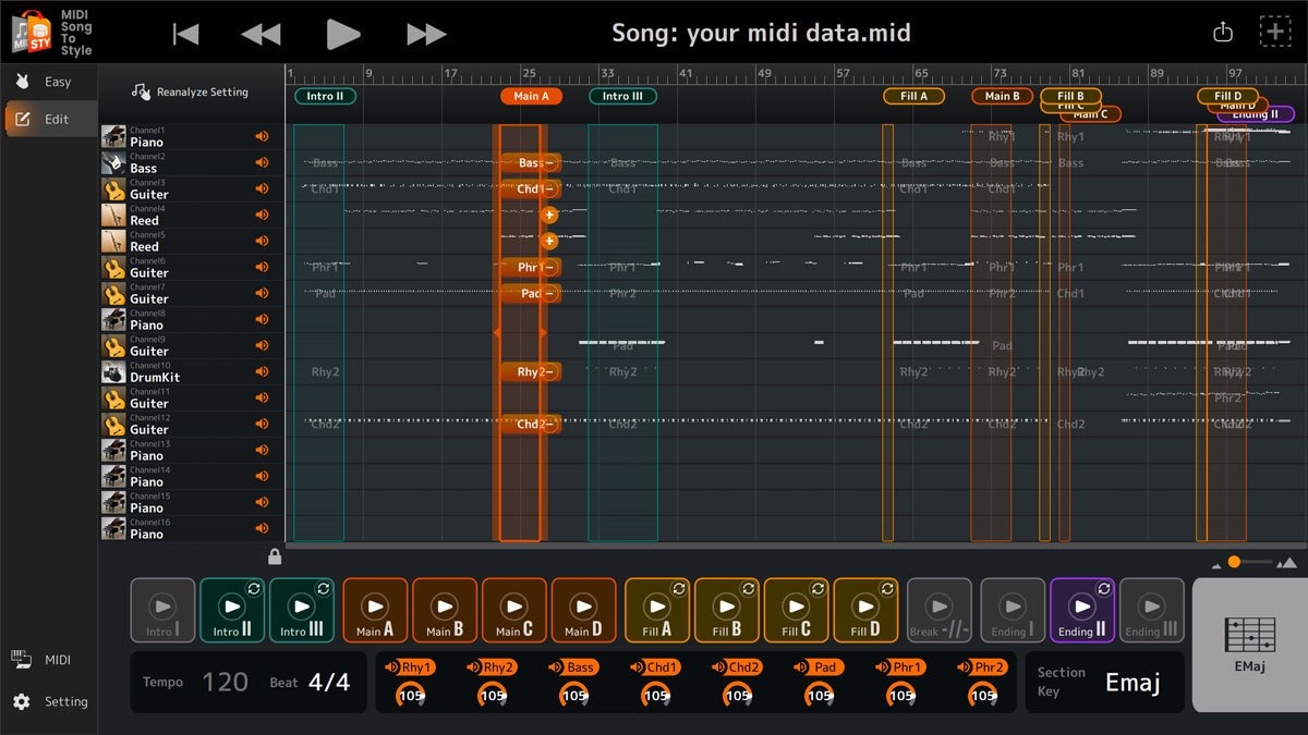 Edit mode of MIDI Song to Style: default screen image