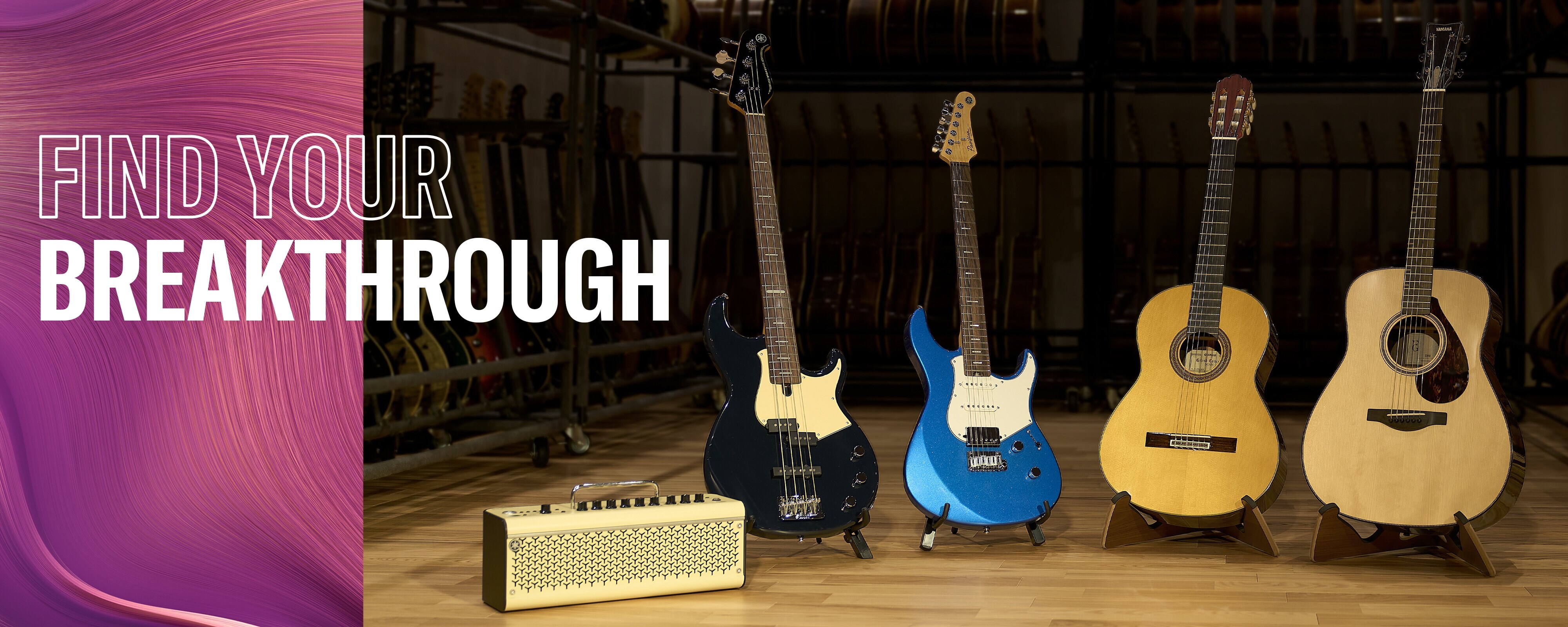 Background is a rack full of guitars. 5 products are placed in the center. From the left is THR30II, BBP34 Midnight blue, PACIFICA Professional Sparkle Blue (Rosewood), GC32S, FG9R.