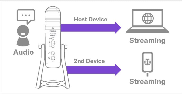 Yamaha AG01: Mirrored streaming by USB-connected devices and sub-devices connected via smartphones (4-pole mini i/o).