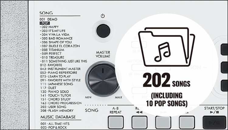 202 beépített dal, közöttük 10 pop dal, plusz dalok hozzáadásának lehetősége